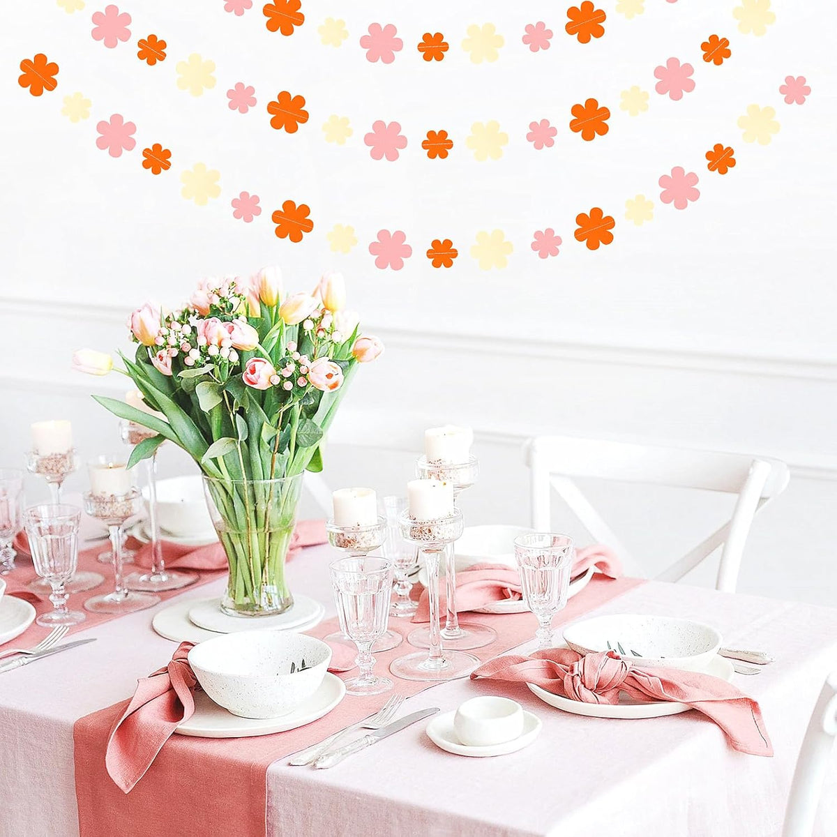 Orange-Pink Fall Party-Decorations Streamers-Garland - 52ft Boho Flower Hanging Paper Banner