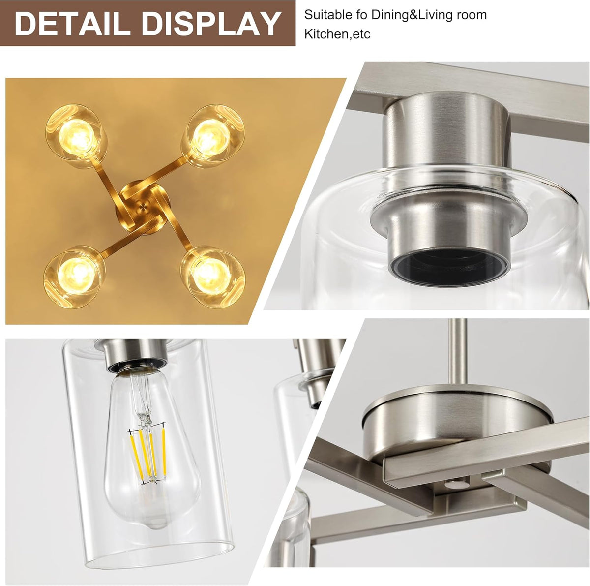 4-Light Modern Farmhouse Brushed Nickel Chandelier, Dining Room Light Fixture Over Table Adjustable