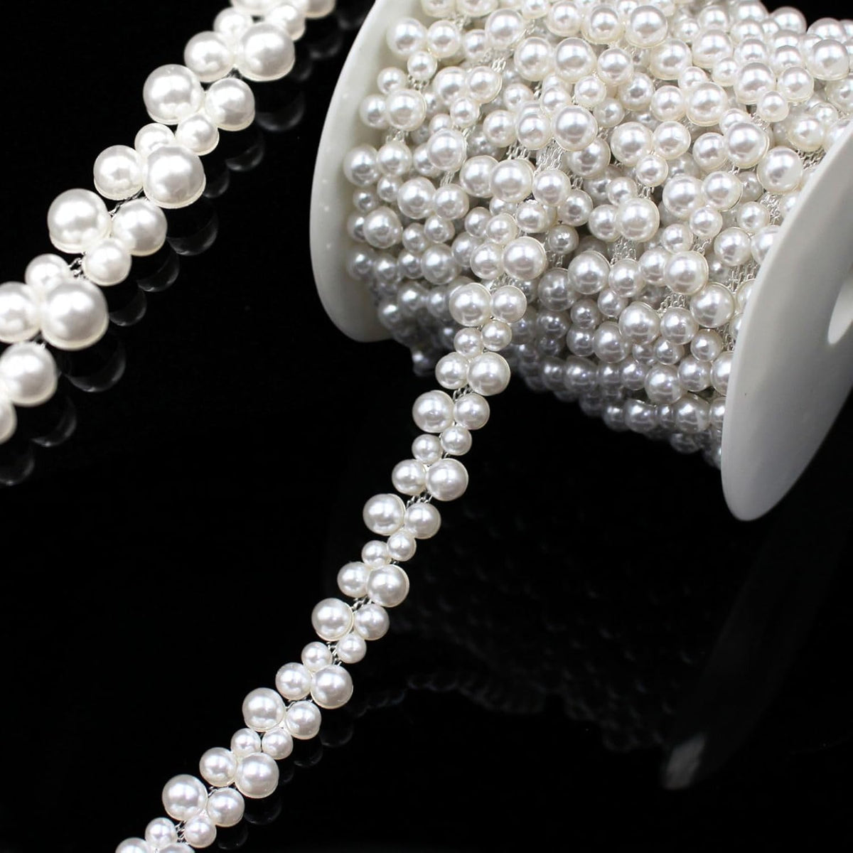1 Yard Pearl Trim Chain String Silver Applique Fringe Ribbon Strips Beads Sewing Dress DIY Party