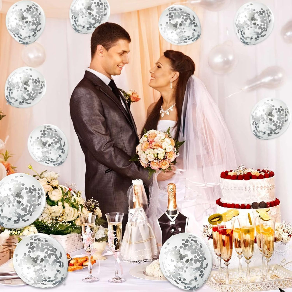 Silver Confetti Balloons, 25 Pcs Thickened 12 Inch Clear Latex Balloon with Confetti Inside for