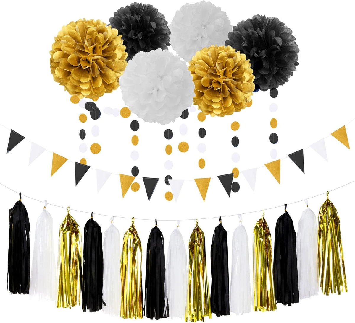 Black Gold Graduation Party Decorations - 23pcs Kits Farewell Tissue Pom Poms Flowers,Streamers