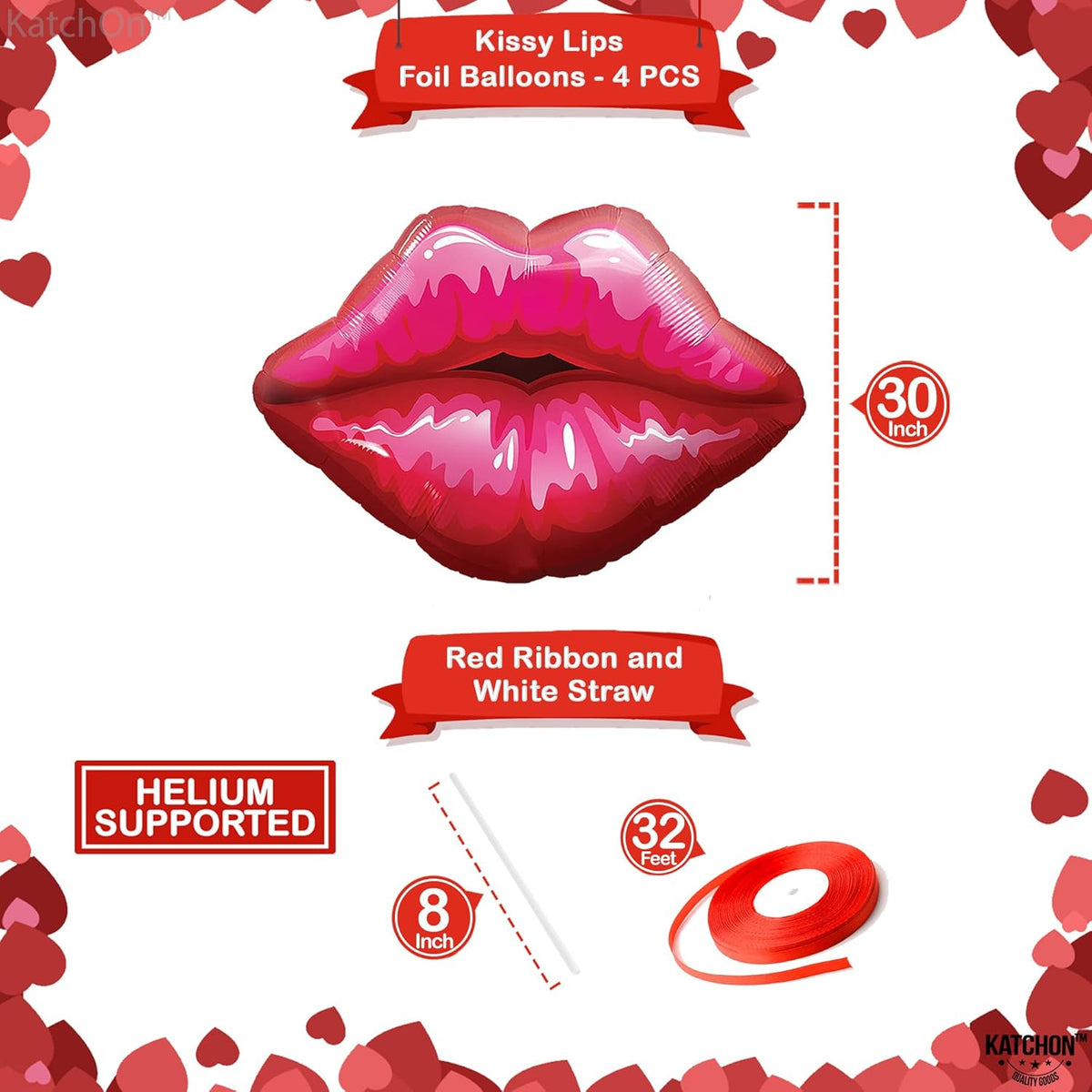 KatchOn, Huge Red Lip Foil Balloon - 30 Inch, Pack of 4 | Cute Kiss Balloons for Lips Balloon