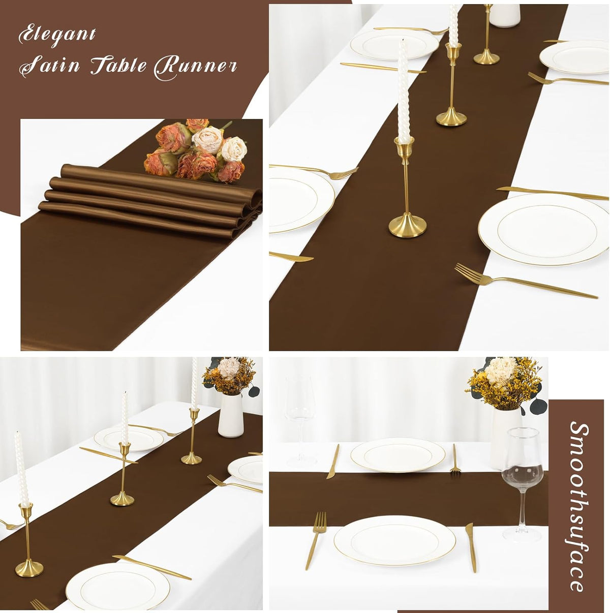 12 Pack Brown Satin Table Runner 12 x 108 inch Long Premium Smooth Table Runner for Wedding