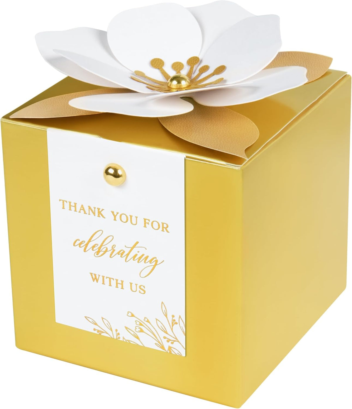 FEIYI 20 PCS Gold Gift Boxes, 3 In 1 Favor Boxes with Floral Decor, White Thank You Tags Cupcake