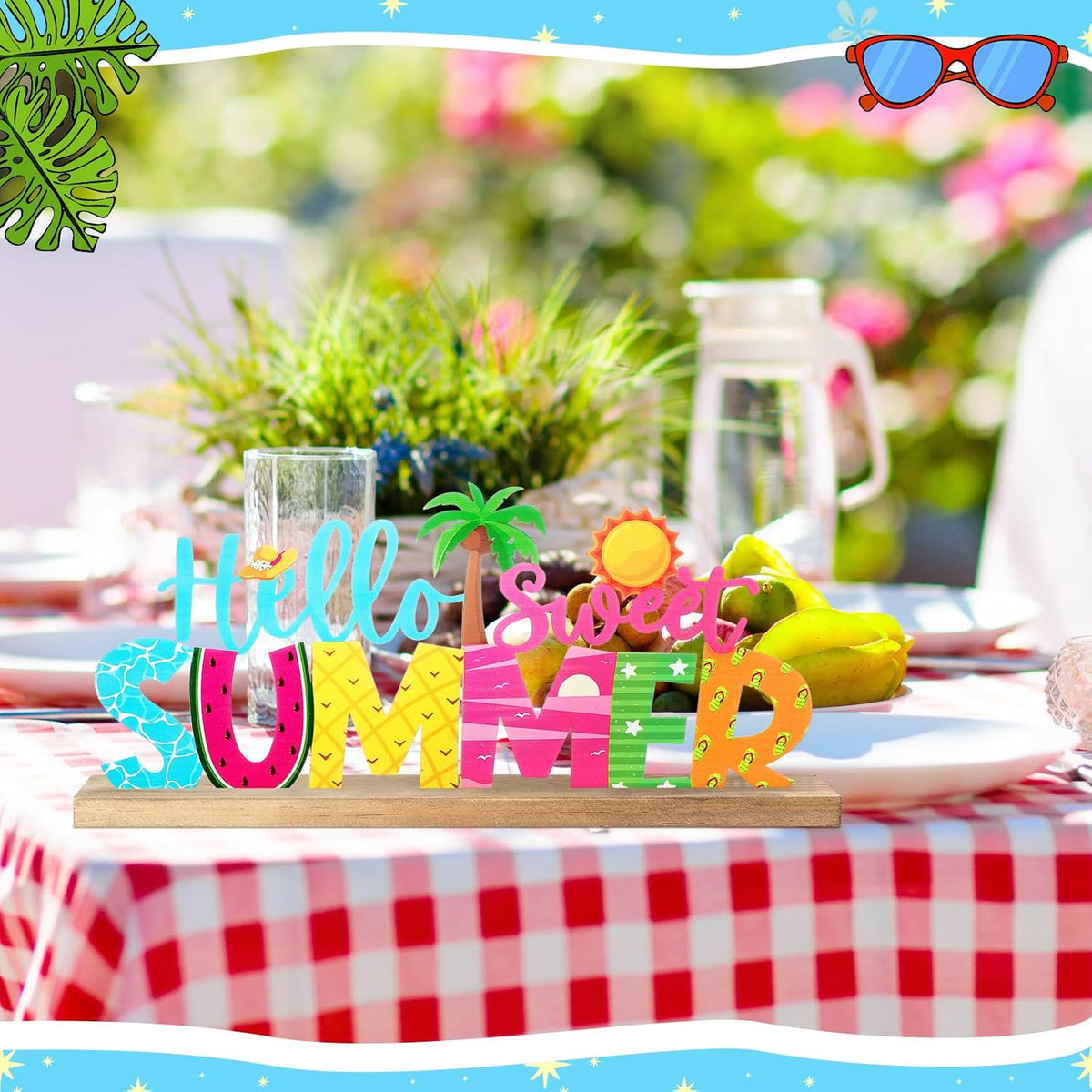 Hello Sweet Summer Metal Sign Rustic Table Decor Holiday Tiered Tray Decor with Wooden Base