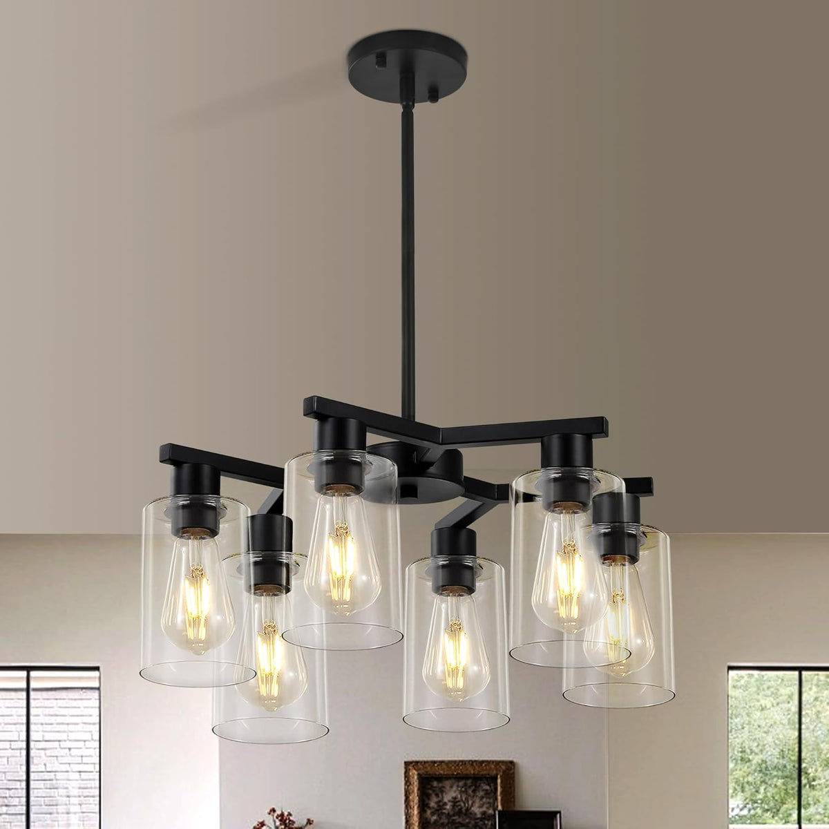 6-Light Modern Farmhouse Black Chandelier, Dining Room Light Fixture Over Table Adjustable Height