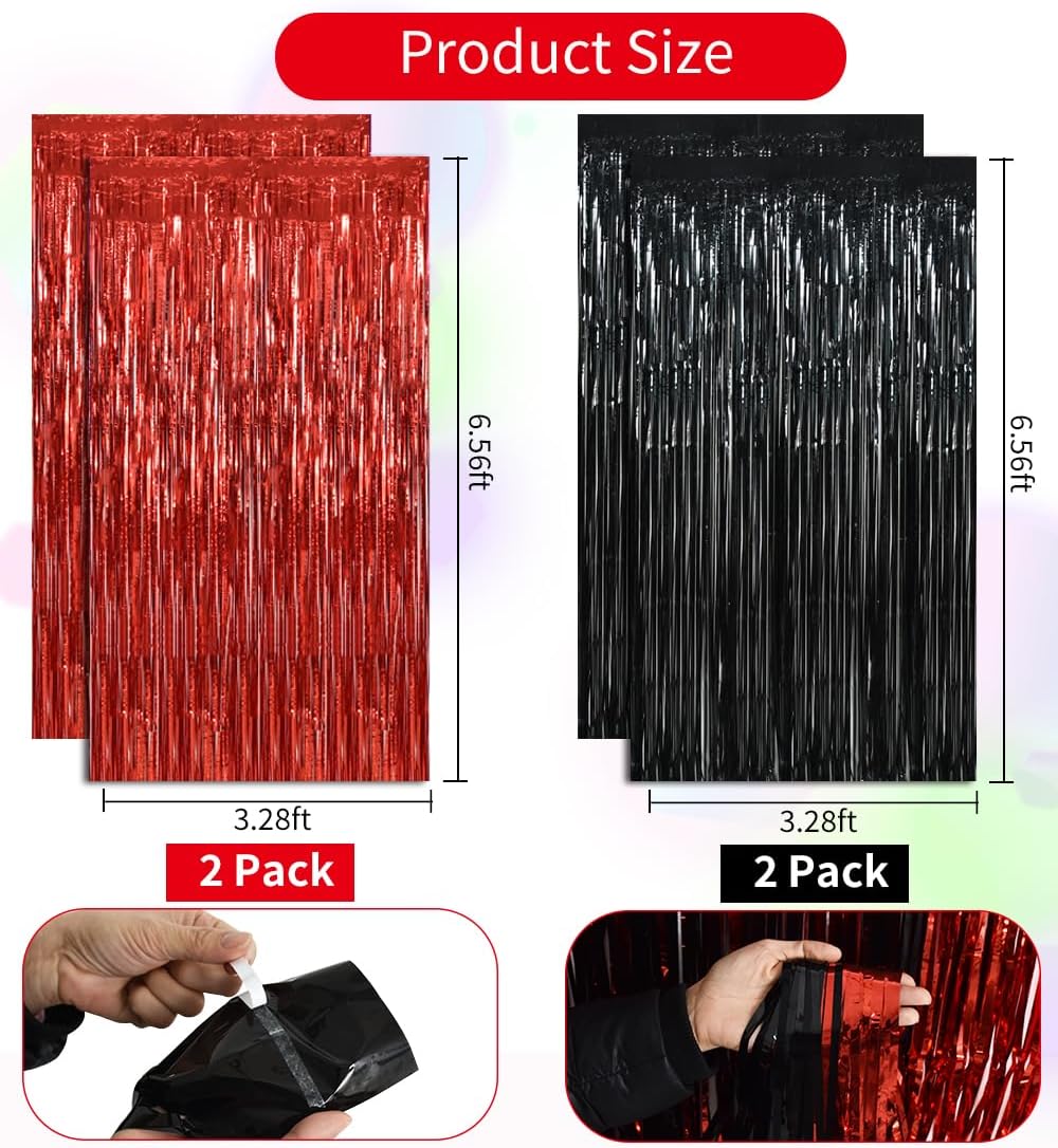BEISHIDA 4 Pcs Red and Black Door Streamers Foil Curtain Red and Black Party Decoration Backdrop