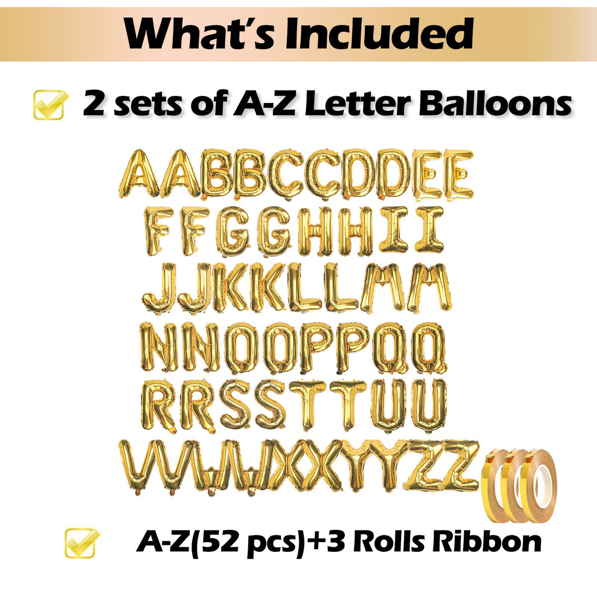 52Pcs 16 Inch Gold Letter Balloons, Reusable Shiny A-Z Foil Balloon Letters