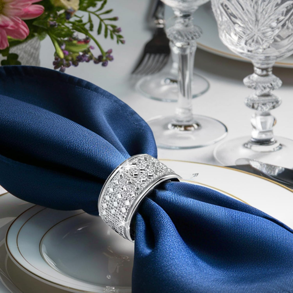 Silver Diamond Napkin Ring Set of 12 Rhinestone Crystal Glass Framed Napkin Holder for Table