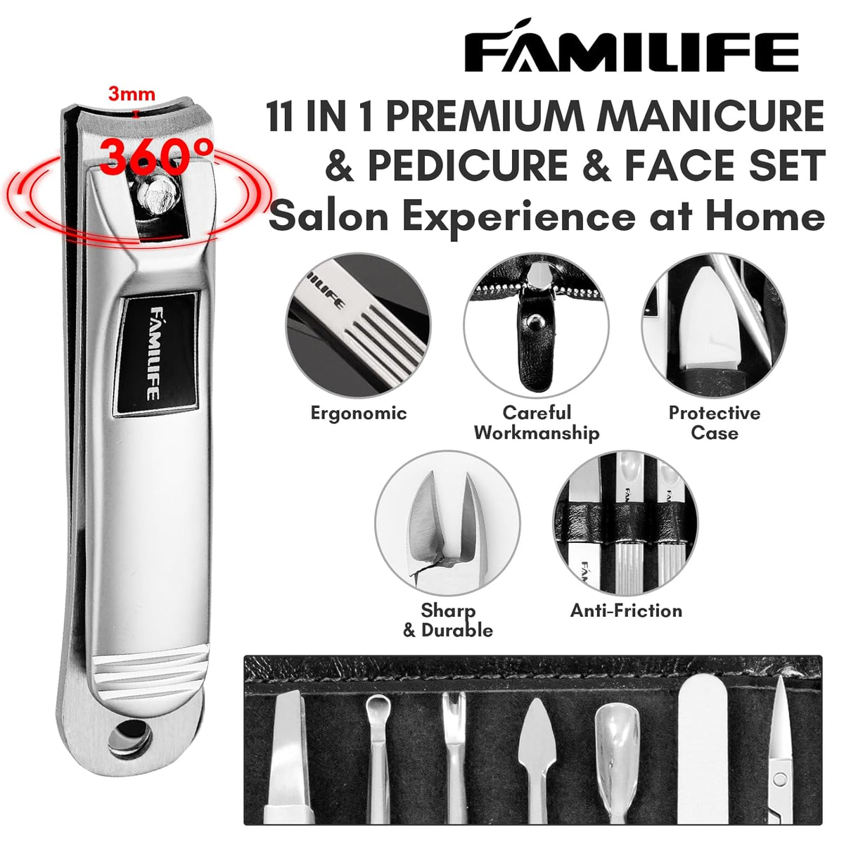 Manicure Kit, FAMILIFE Professional Manicure Set Nail Kit, 11 in 1 Stainless Steel Nail Clippers
