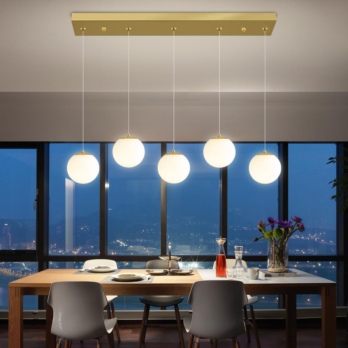 5-Lights Globe Pendant Light for Kitchen Island H 98" Gold Rectangle Chandelier Milk White Glass