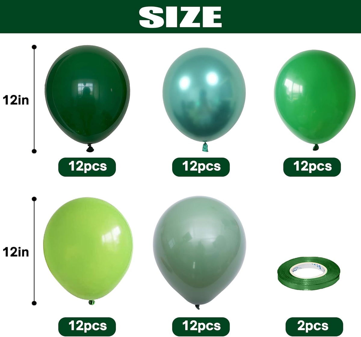 Togvu Green Balloons, 60 Packs 12 Inch Different Shades Dark Emerald Lime Metallic Chrome Olives