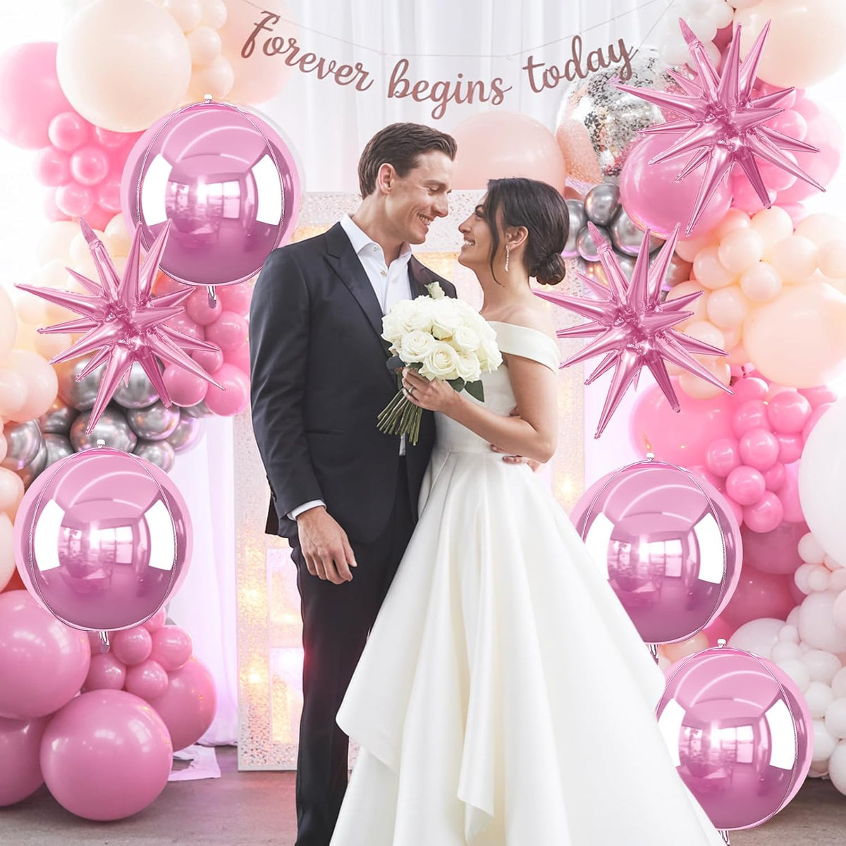 6Pcs Pink Foil Balloons,22Inch Light Pink 4D Round Ball Balloon and Explosion Star Balloon for