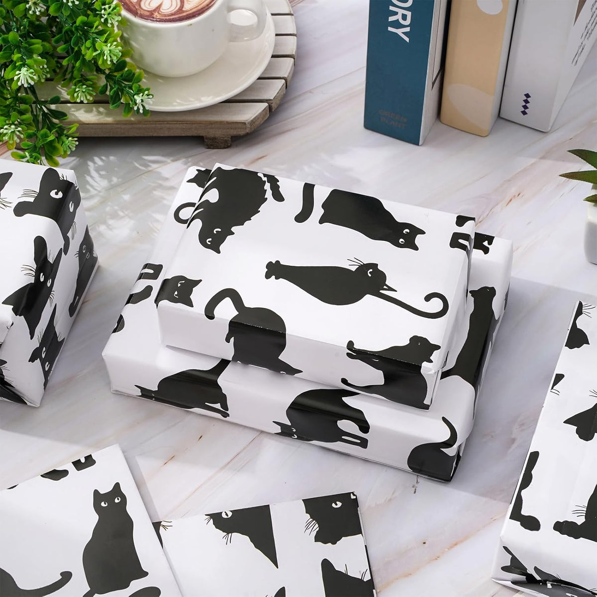 JarThenaAMCS 8 Sheets Cat Wrapping Paper - Not Roll - Cartoon Black Cat Gift Wrap Paper Folded Flat