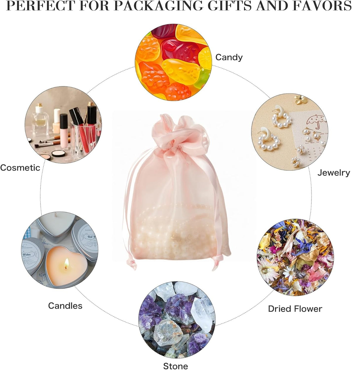 QIANF 20 Pcs Pink Small Organza Bags 6X9 inch for Wedding Favors with Drawstring, Mini Mesh Gift