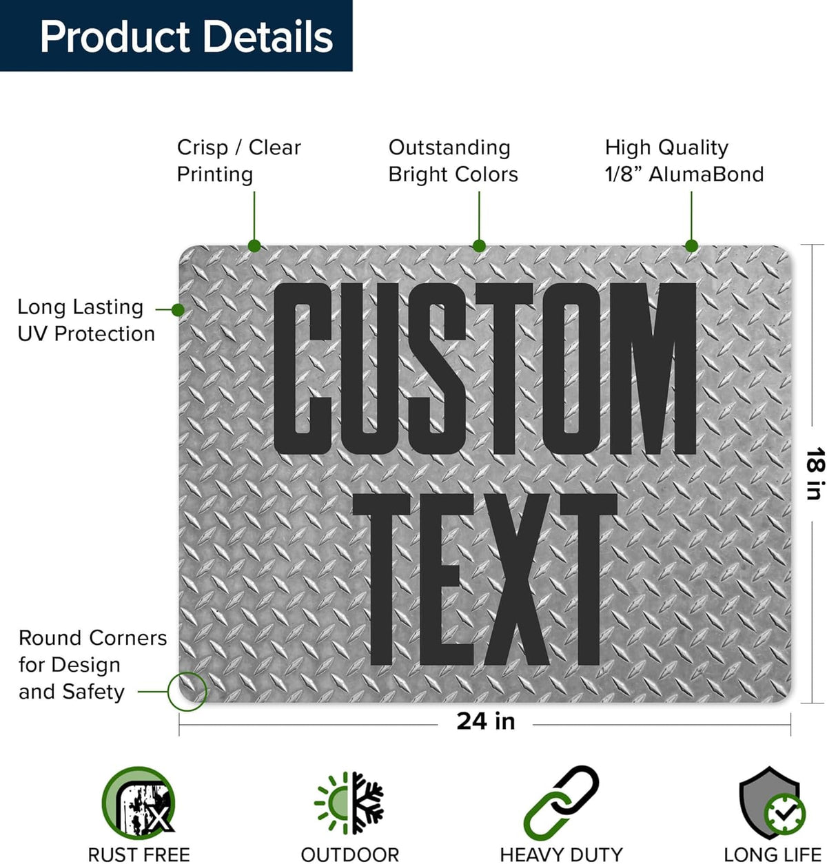 Custom Sign, Custom Street Sign, 11 Font Colors, 13 Font Styles, 4 Hole Options, 22 Sizes, 18x24