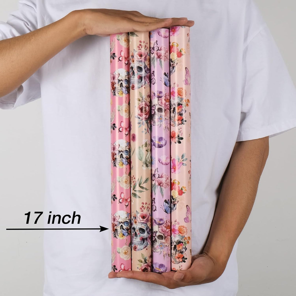 Aimyoo Gothic Wrapping Paper Rolls, 17 Inch X 16.5 Feet - 4 Rolls - Skull Floral Butterfly Design