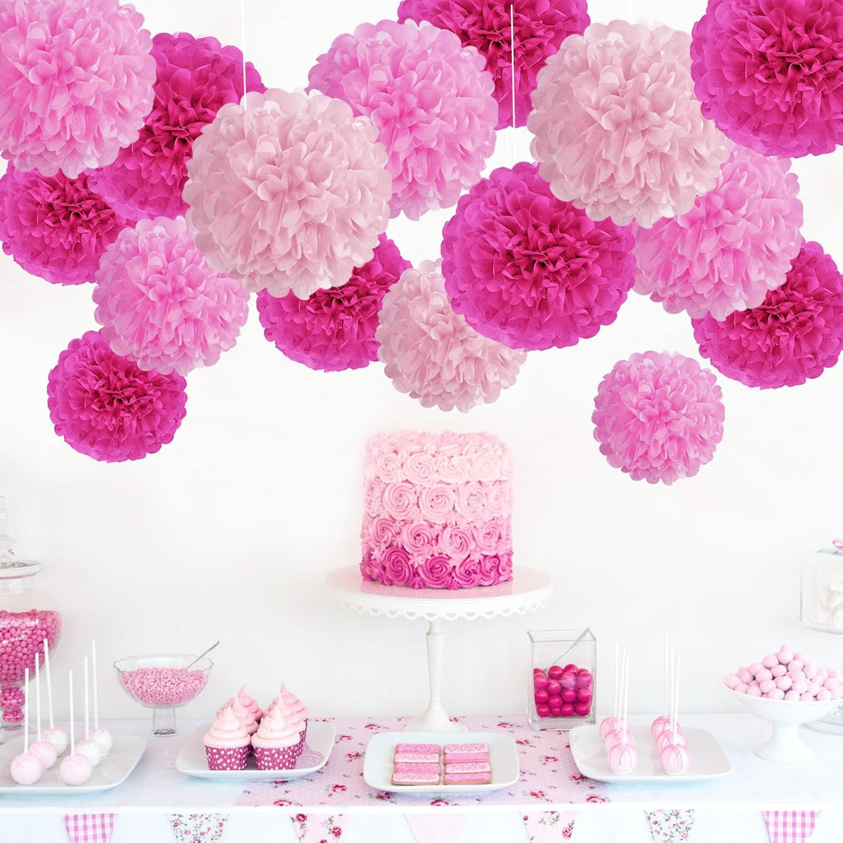 Hot Pink Tissue Pom Poms Paper Flowers Hanging Decorations Pink Flower Ball for Mother's Day Baby