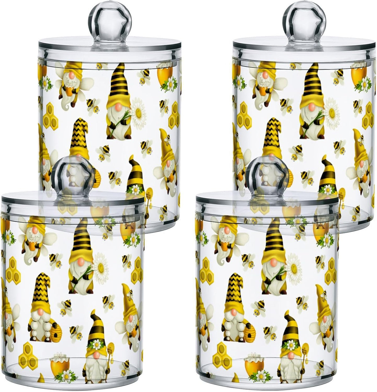 Qtip Holder Dispenser 4 Pack Gnome Bees Flying Dwarf Daisy Apothecary Jars with Lids Bathroom