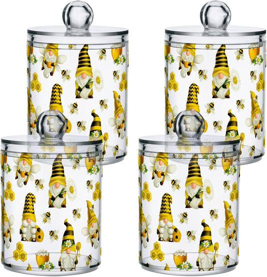 Qtip Holder Dispenser 4 Pack Gnome Bees Flying Dwarf Daisy Apothecary Jars with Lids Bathroom