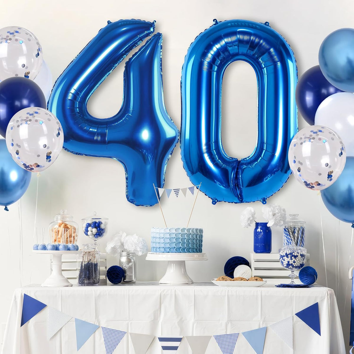 Large Foil Number 40 Balloons, Big Light Navy Blue 40 Helium Balloon with Metallic Silver Confetti