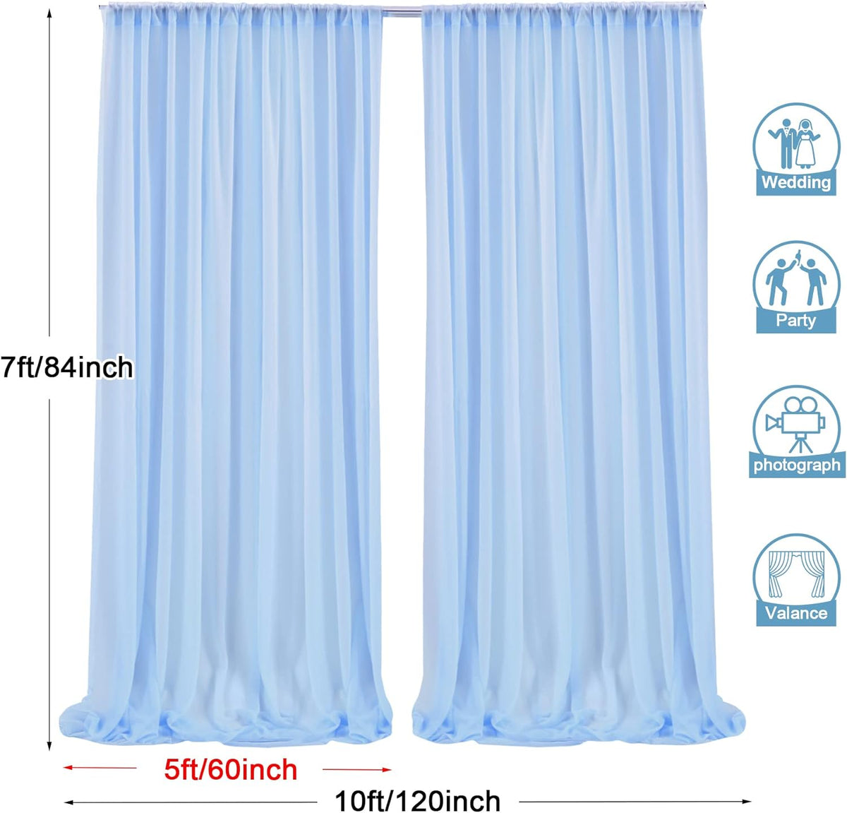 PARTISKY 10ftx7ft Blue Chiffon Backdrop Curtains, Wrinkle-Free Sheer Fabric Photo Drapes for