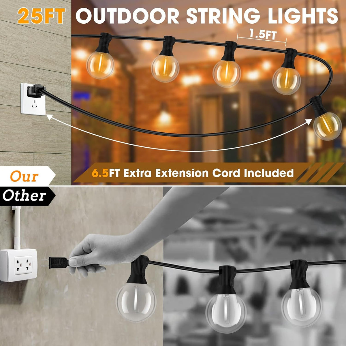 Outdoor String Lights, LED Patio Hanging Lights with Waterproof G40 Globe Plastic Bulbs for Outside