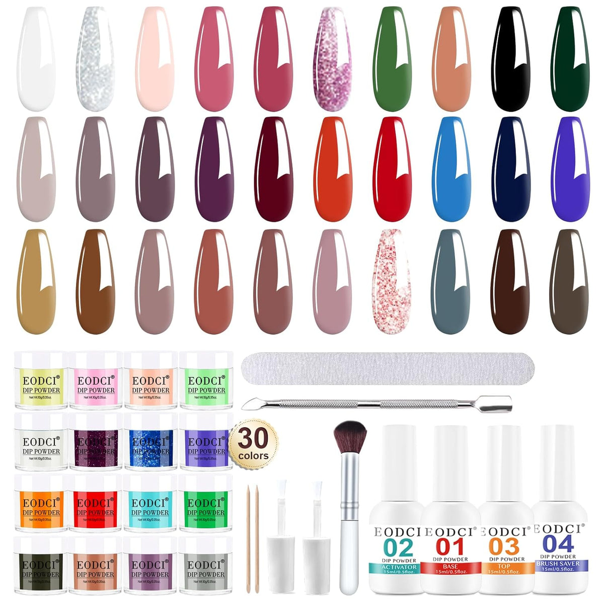 Dip Powder Nail Kit Starter, 30 Colors Dip Nails Skin Nude Brown White Green Glitter, Dark Color