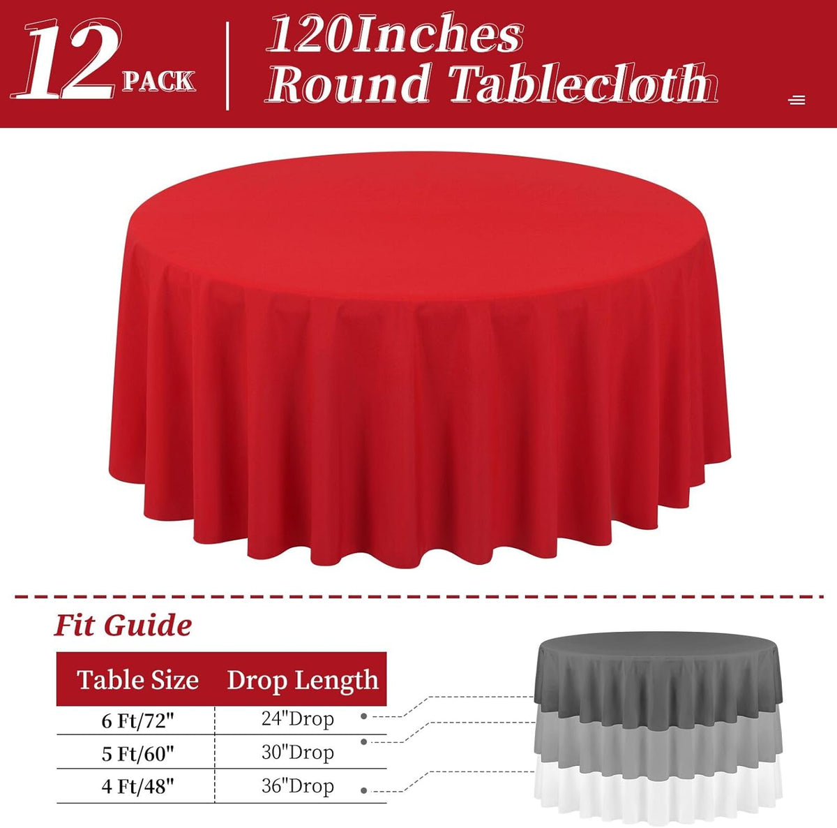 12 Pack Round Tablecloths 120 Inch, Red Polyester Table Cover for Round Table, Stain and Wrinkle
