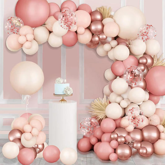 Blush Pink Balloons Garland Arch Kit,144pcs Retro Pink Rose Gold Sand White Confetti Balloons for