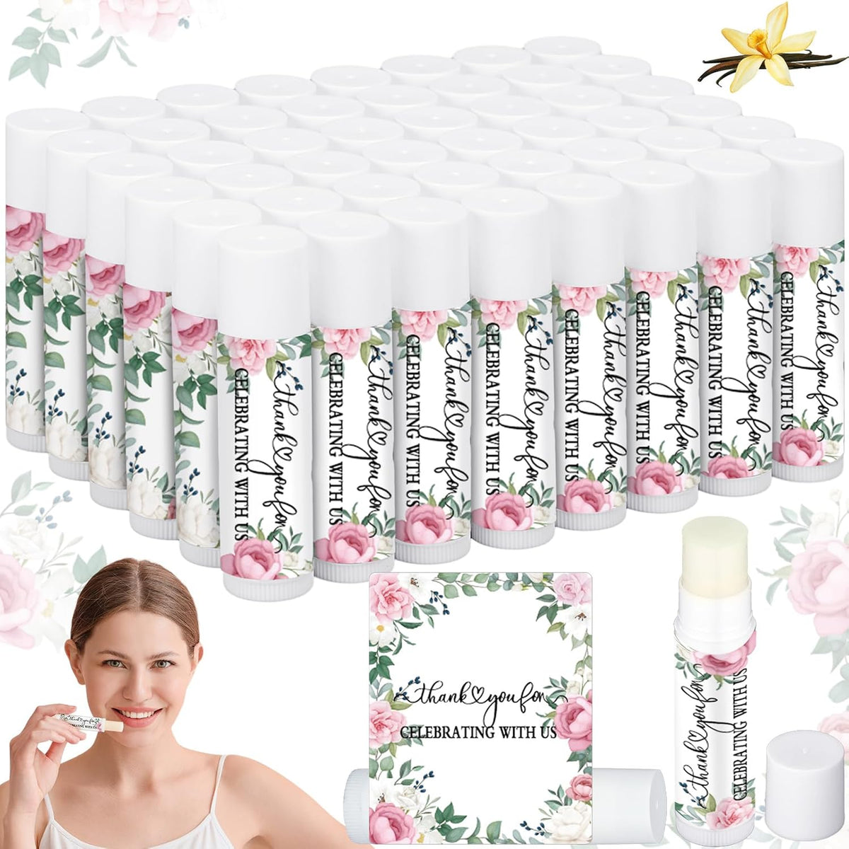 50 Pcs Pink Flowers Wedding Bridal Shower Gifts Bulk Floral Lip Balm Baby Shower Party Favors Thank