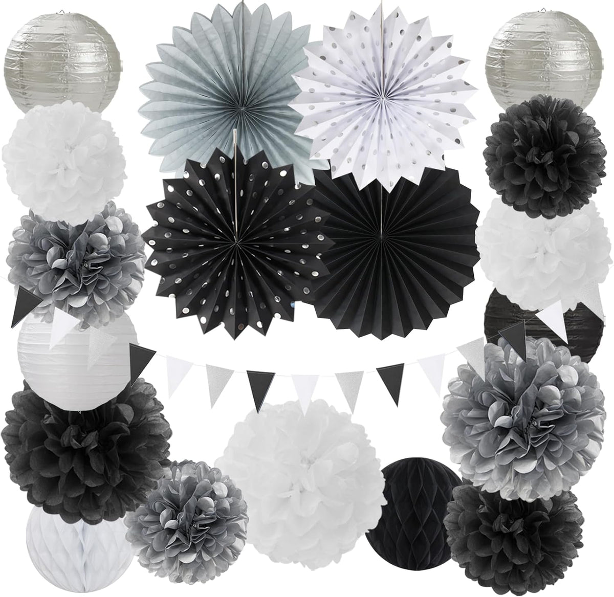 Black White Silver Party Decorations - 20pcs New Year Men Birthday Paper Lanterns Fans,Tissue Pom