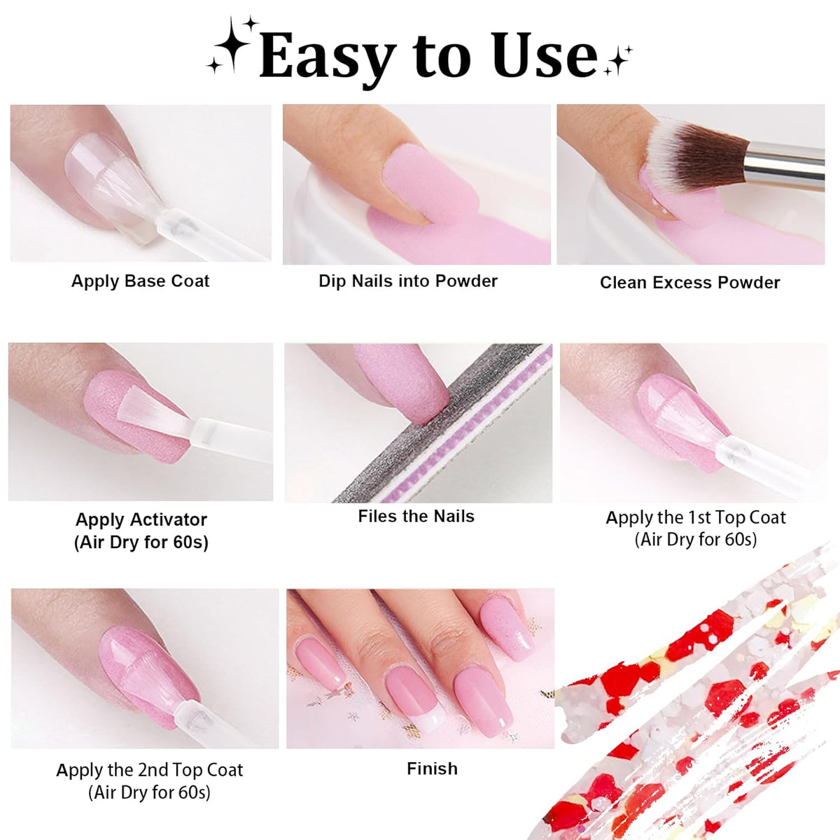 Color Dipping Powder, Red White Yellow Hexagon Sequins Dip powder No Nail Lamp Long Lasting Dip