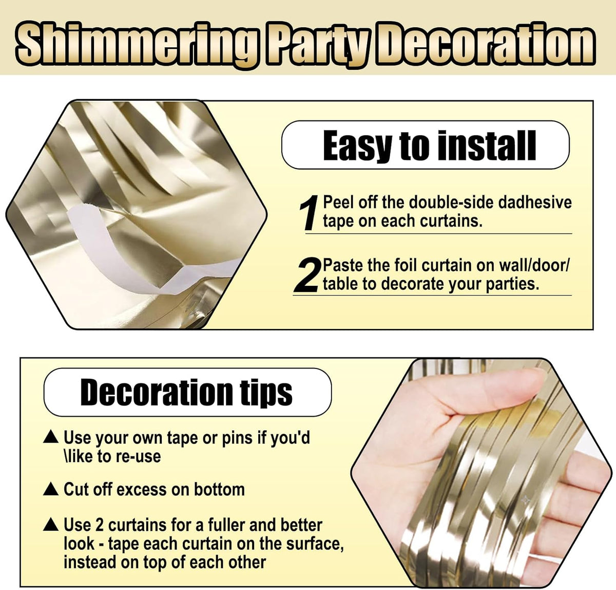 3 Pack Light Gold Foil Fringe Curtain Backdrop, 3.28Ft x 8.2Ft Metallic Tinsel Foil Fringe Streamer