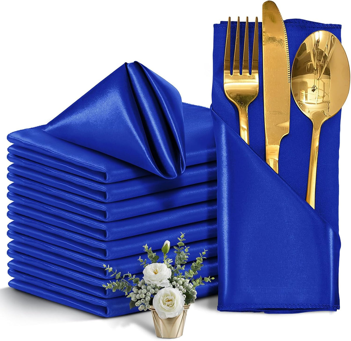 50 Pieces Royal Blue Satin Napkins, 17" x 17" Square Table Napkins, Silky Soft Smooth Washable