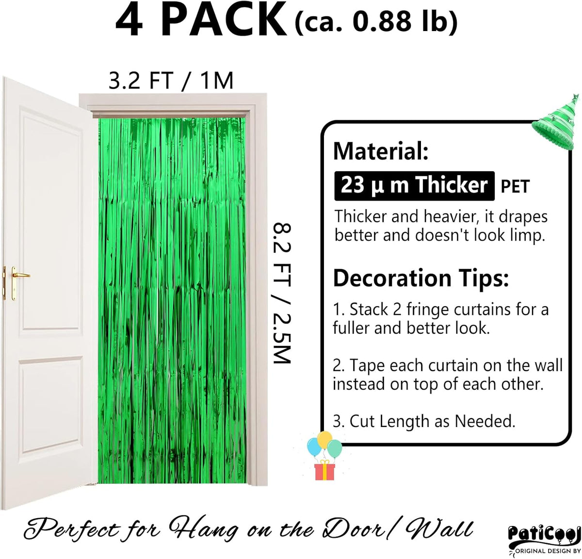Green Streamers Party Decorations - Thicken 4 Pack 3.2 x 8.2 FT - Tinsel Foil Fringe Curtains Party