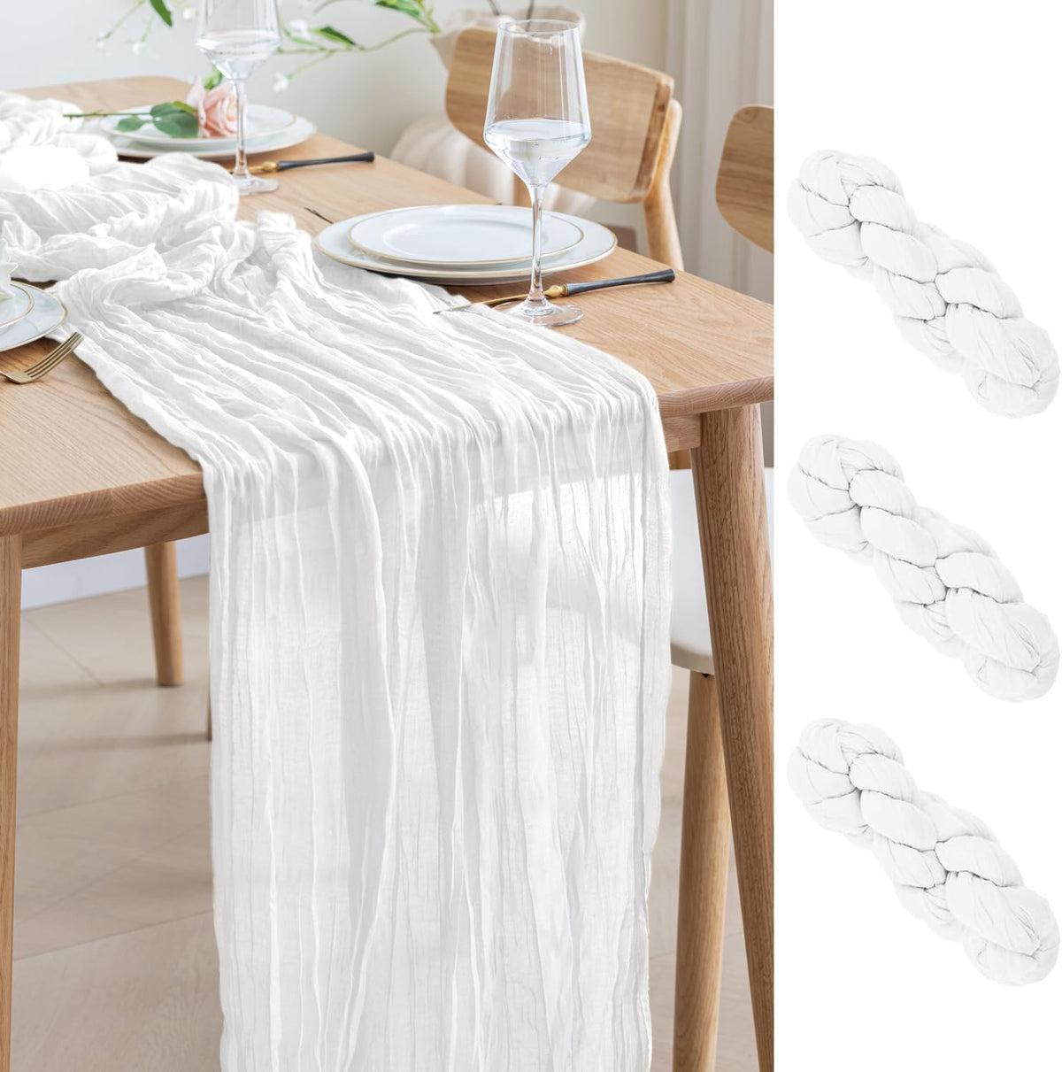 Asee'm 3pcs Cheesecloth Table Runner 120 Inches Long Ivory Boho Gauze Cheese Cloth Runner 10FT