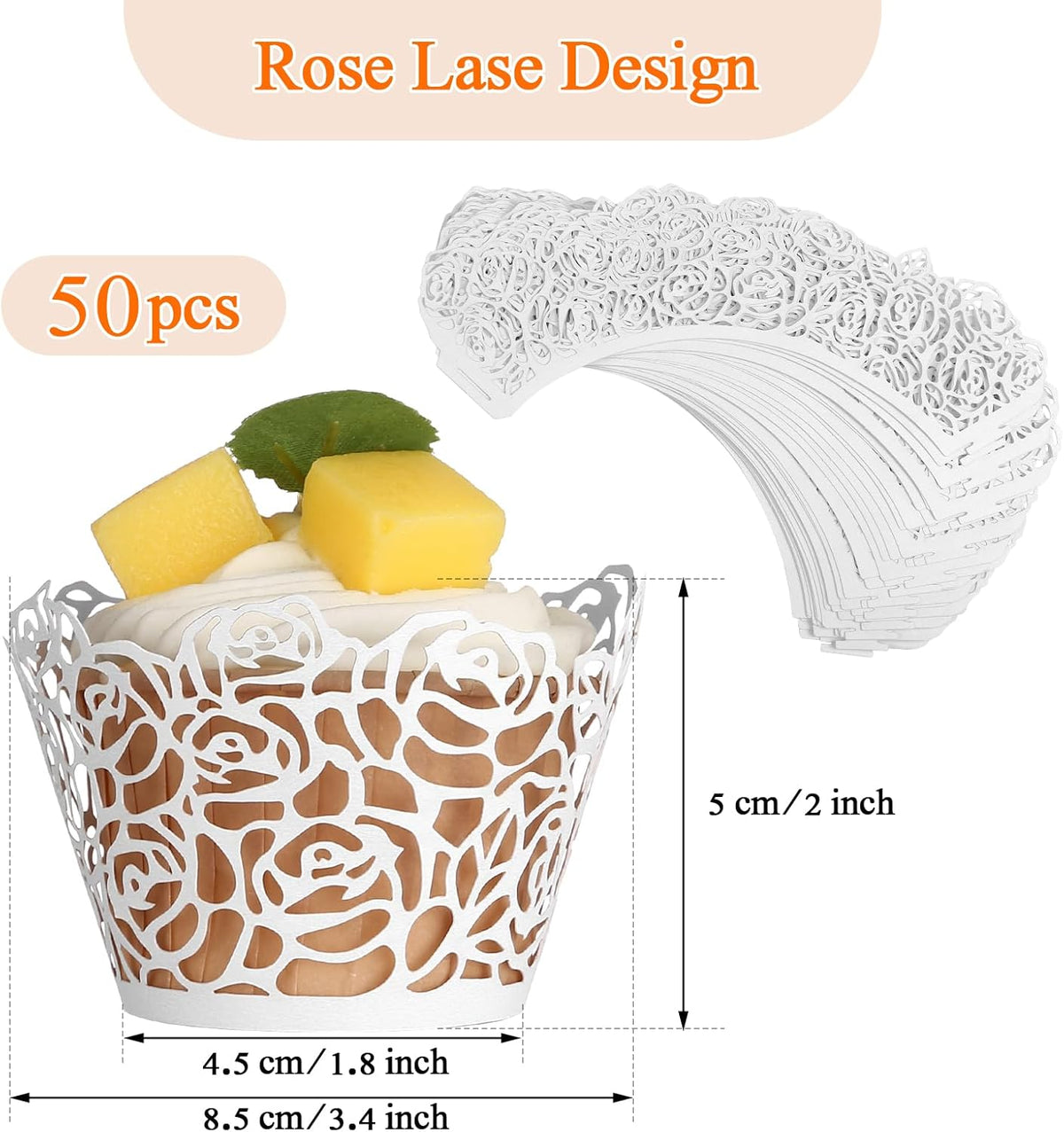 GWHOLE White Cupcake Wrappers, 50pcs Cupcake Liners with Rose Design Laser Cut Liners for Wedding