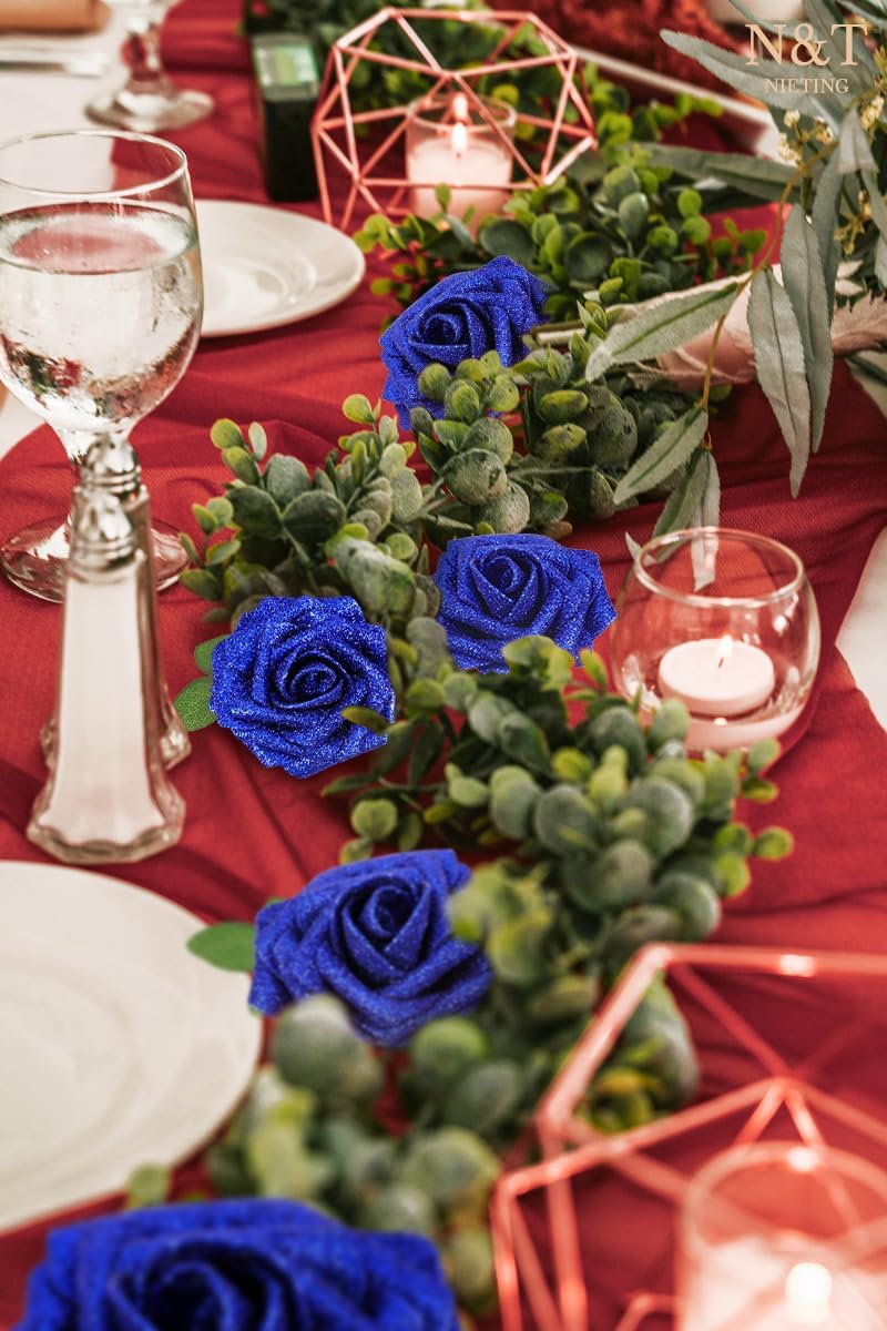 N&T NIETING Artificial Flowers Glowing Navy Blue Flowers Foam 25pcs Glitter Roses Real Looking Fake