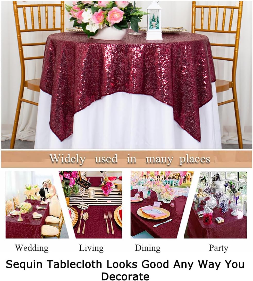 ShinyBeauty Sequin Tablecloth Burgundy Sequin Table Overlay Glitter Table Cover for Dinning Table