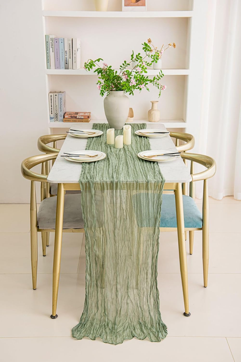 6 Pack Sage Green Cheesecloth Table Runner 20x120 Inch Boho Wrinkled Sheer Romantic Gauze Decor for