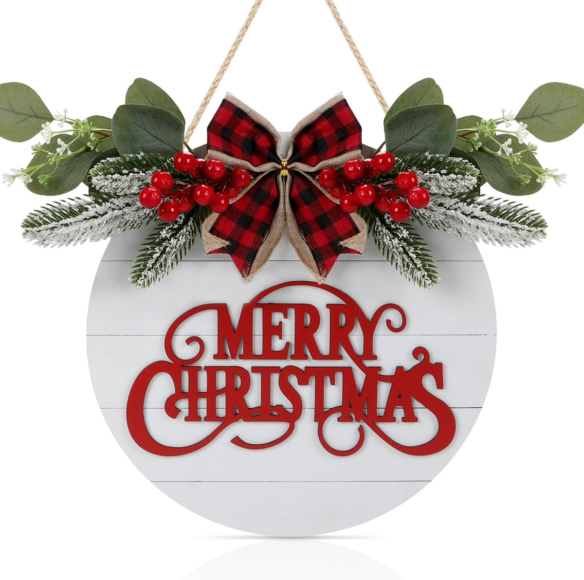 CHDITB Cute Merry Christmas Wooden Front Door Wreath(11.4”x11.4”), Farmhouse 3D Christmas Decor