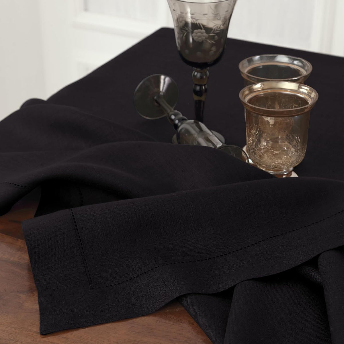 Solino Home Black Linen Tablecloth 60 x 144 Inch - Classic Hemstitch, 100% Pure Linen Rectangular