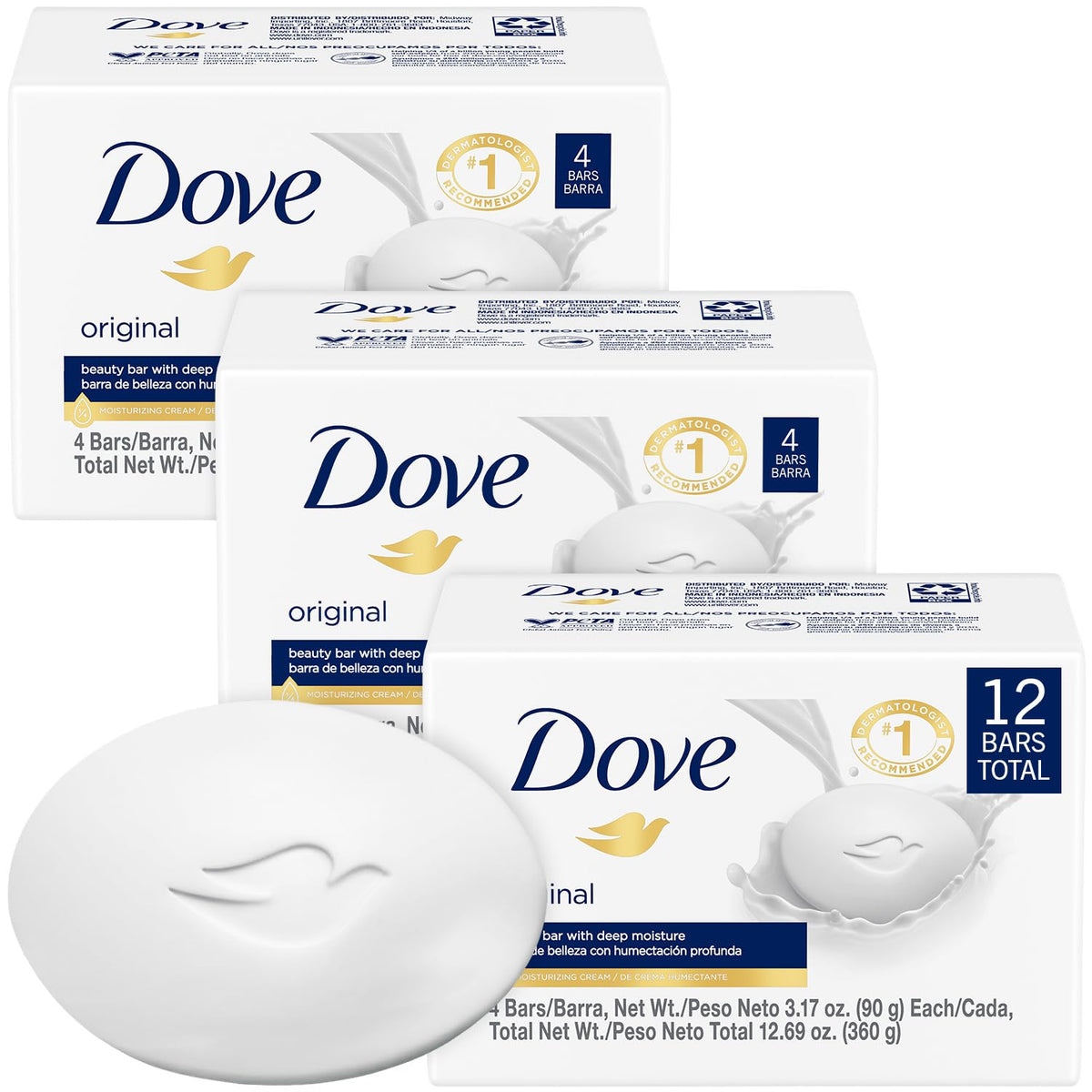 Dove Soap, Original Beauty Bar 3-Pack (12 Soap Bars) – 3-in-1 Moisturizing Face, Body & Hand Soap