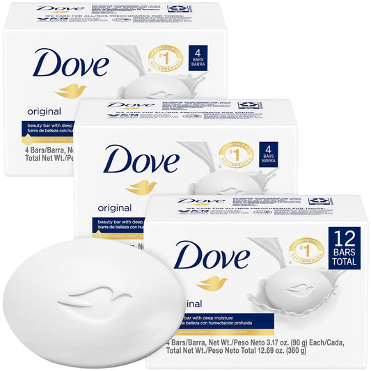 Dove Soap, Original Beauty Bar 3-Pack (12 Soap Bars) – 3-in-1 Moisturizing Face, Body & Hand Soap
