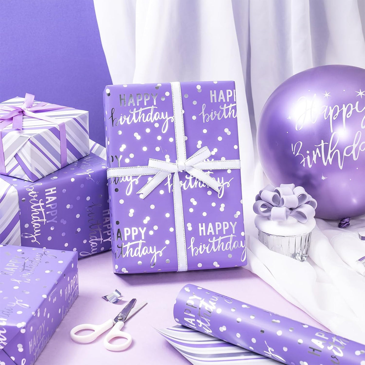LeZakaa Reversible Purple Birthday Wrapping Paper Roll for Girls Women, Happy Birthday Lettering &