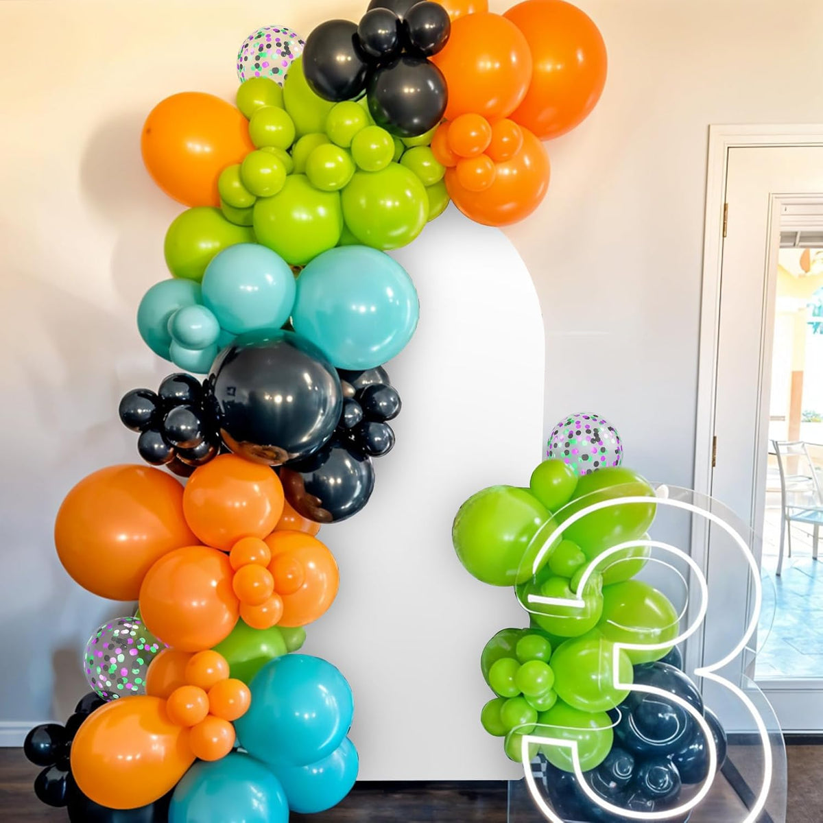 Green Orange Black Balloons, 12 Inch Fruit Green Orange Teal Black Confetti Latex Balloons for Boys