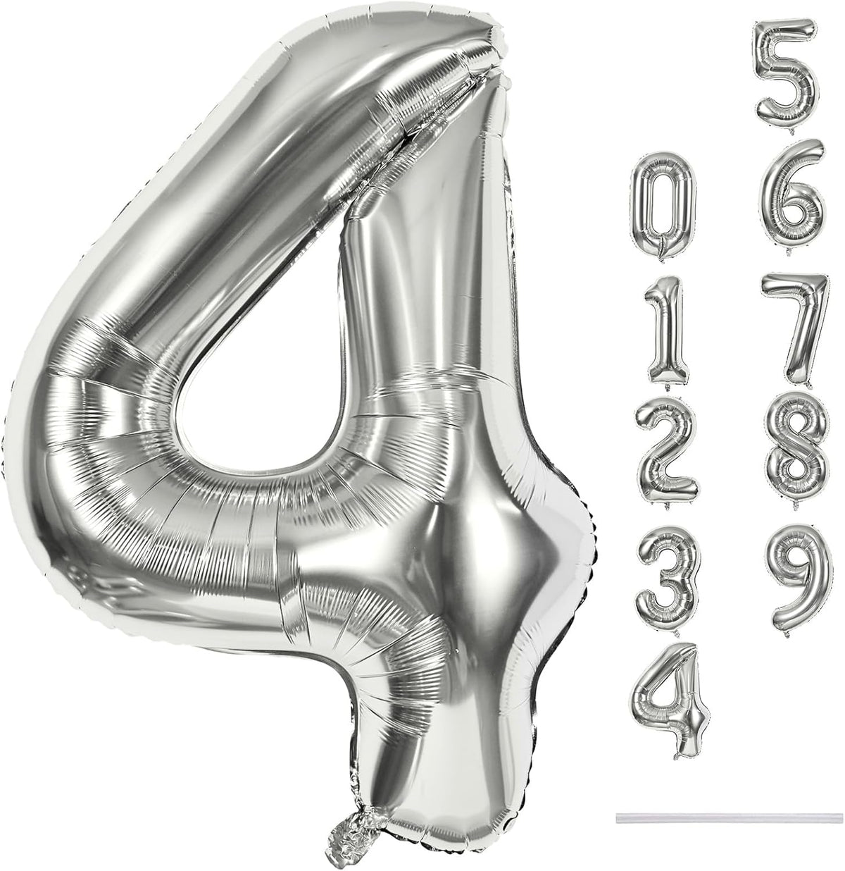 Silver Number Balloons, 40inch Large Number 4 Foil Helium Balloons for Girls Women, Self Inflating