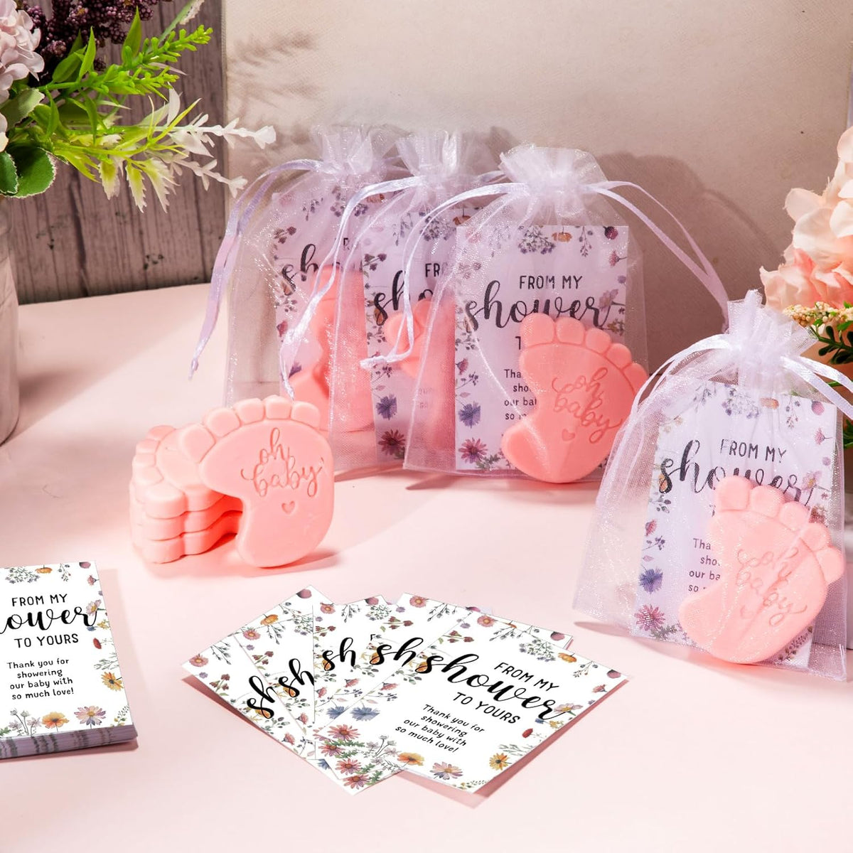 50 Sets Baby Shower Soap Favors for Guests - Mini Handmade Footprint Scented Soap with Thank You