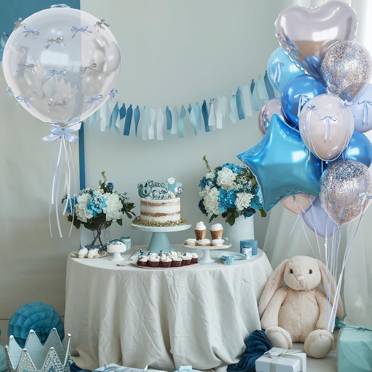Blue and Silver Balloons Heart Star Mylar Balloons, Happy Birthday Decorations for Men Women